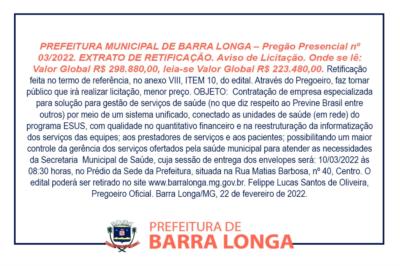 Pregão Presencial nº 03/2022 - Extrato de Retificação
