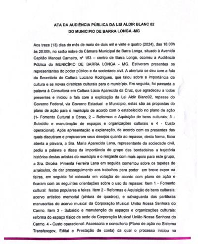 ATA DA AUDIÊNCIA PÚBLICA DA LEI ALDIR BLANC 02 DO MUNICÍPIO DE BARRA LONGA .MG