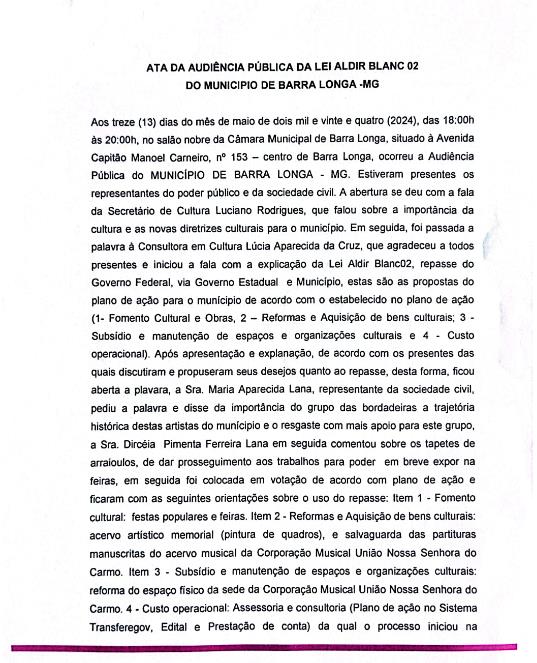 ATA DA AUDIÊNCIA PÚBLICA DA LEI ALDIR BLANC 02 DO MUNICÍPIO DE BARRA LONGA .MG