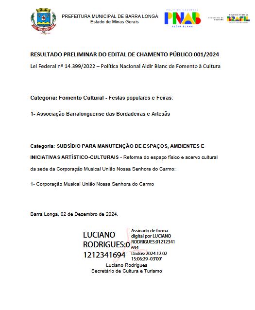 RESULTADO PRELIMINAR DO EDITAL DE CHAMENTO PÚBLICO 001/2024