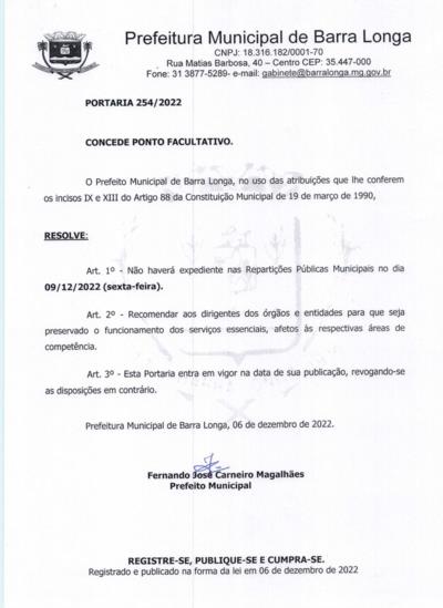 Portaria nº 254/2022 - Concede Ponto Facultativo