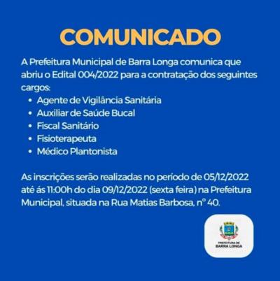 A Prefeitura Municipal de Barra Longa comunica que abriu o Edital 004/2022