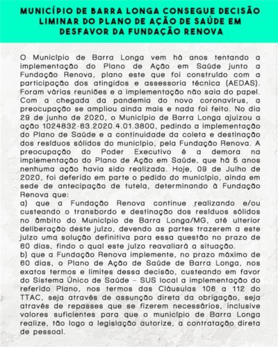 Município de Barra Longa consegue Decisão Liminar do Plano de Ação de Saúde em desfavor da Fundação Renova.