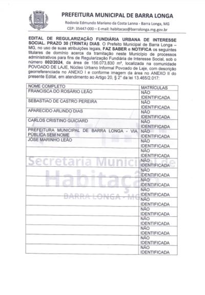 Edital Regularização Fundiária Povoado da Laje
