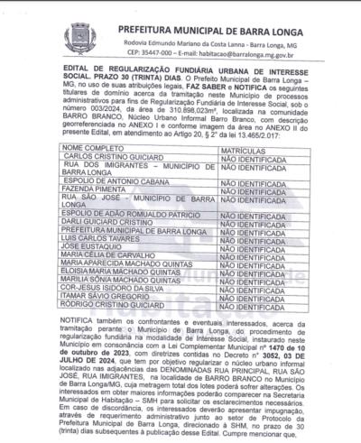 Edital Regularização Fundiária Povoado do Barro Branco